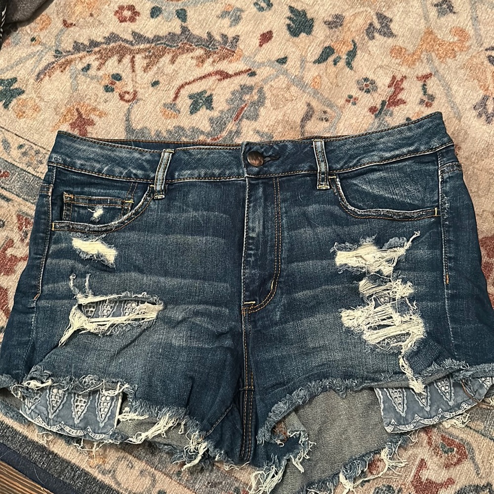 Hi res shortie size 14 dark blue navy with rips American eagle denim shorts